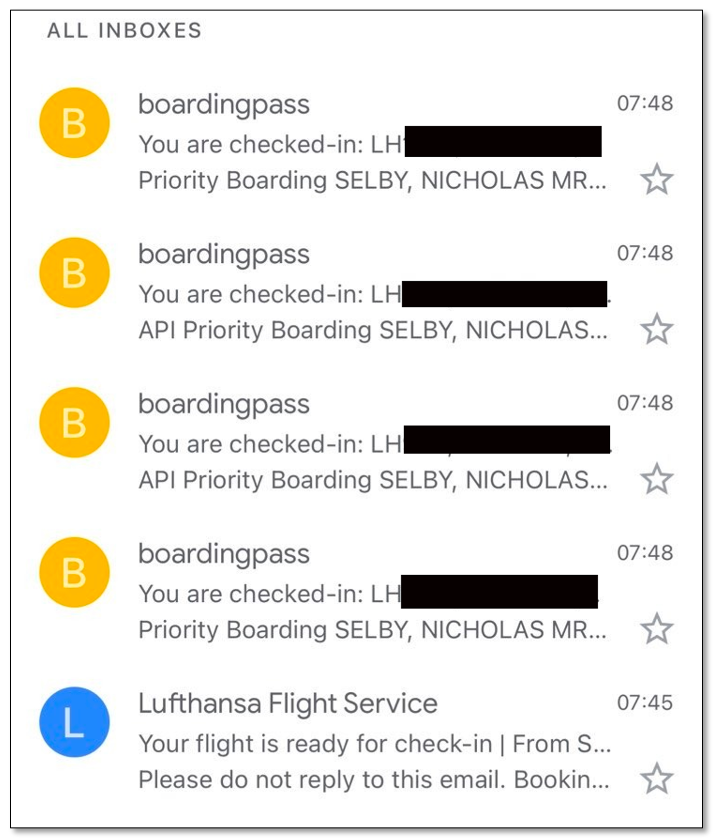 repeated boarding pass emails, one for each leg of a flight.