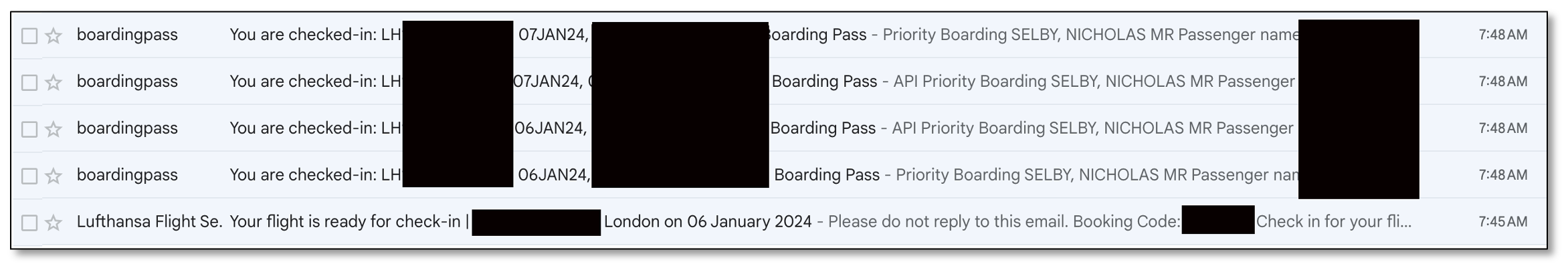 repeated boarding pass emails, one for each leg of a flight.