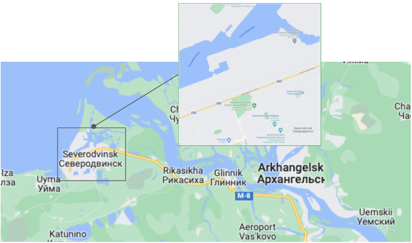 The shipyards at Severodvinsk (inset), west of Arkhangelsk