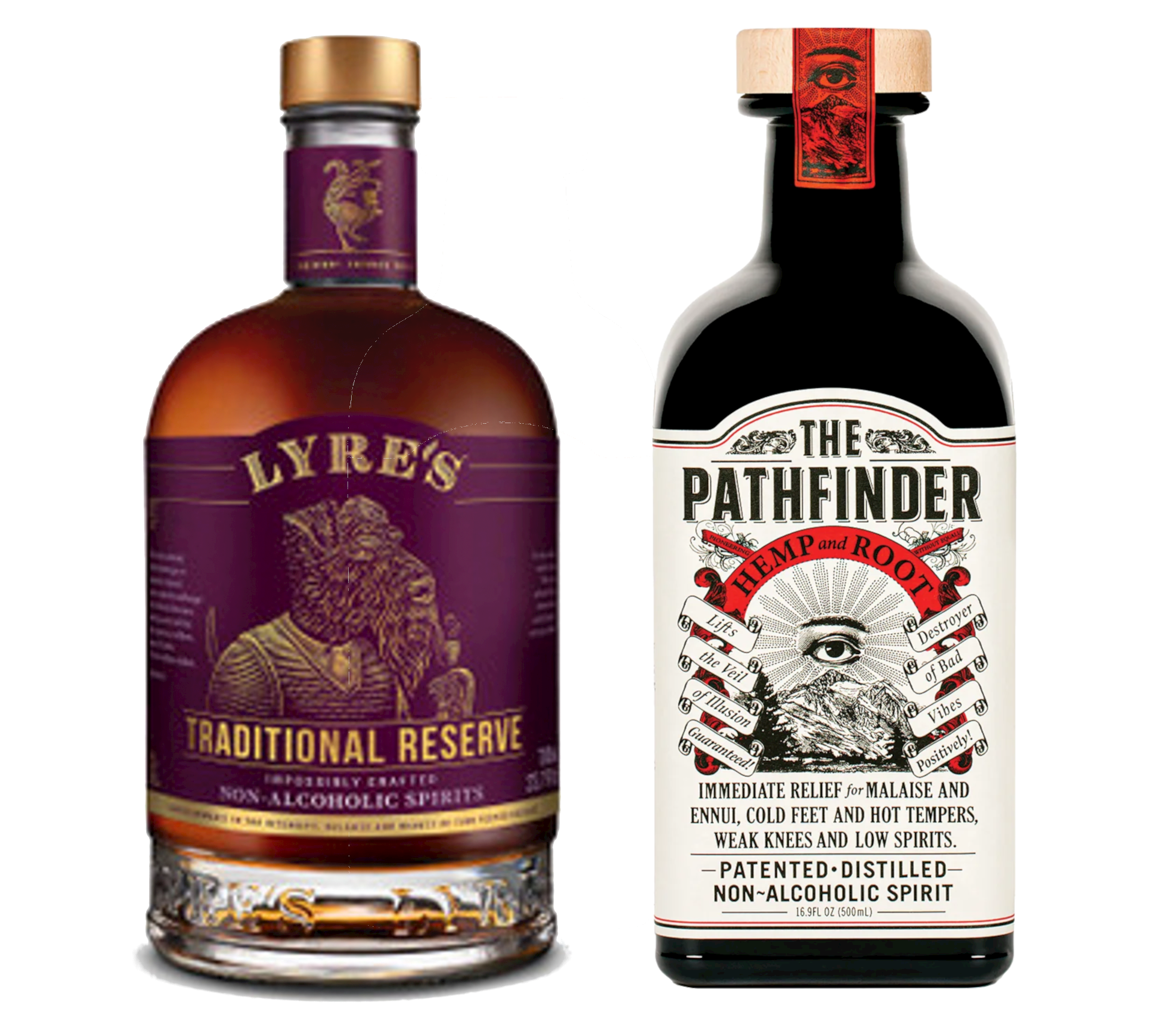 A bottle of The Pathfinder and a bottle of Lyre’s Traditional Reserve, formerly known as Highland Malt