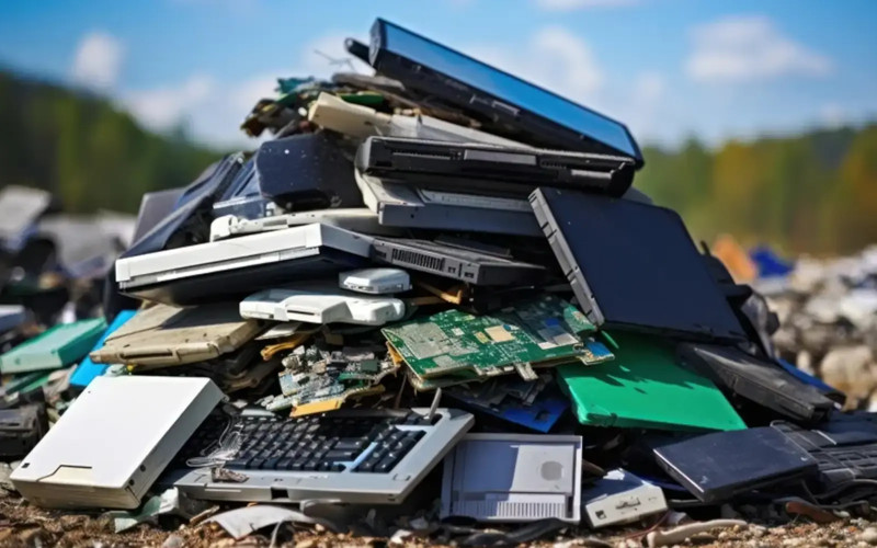 A photograph of a pile of old laptops in a garbage dump.